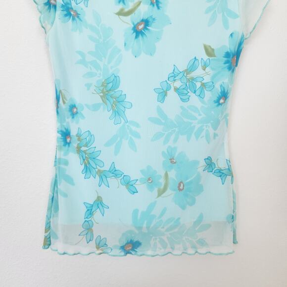 Vintage Y2K Wrapper Blue Floral Sheer Mesh Cap Sleeve Fairycore Blouse XS/S - Picture 7 of 8